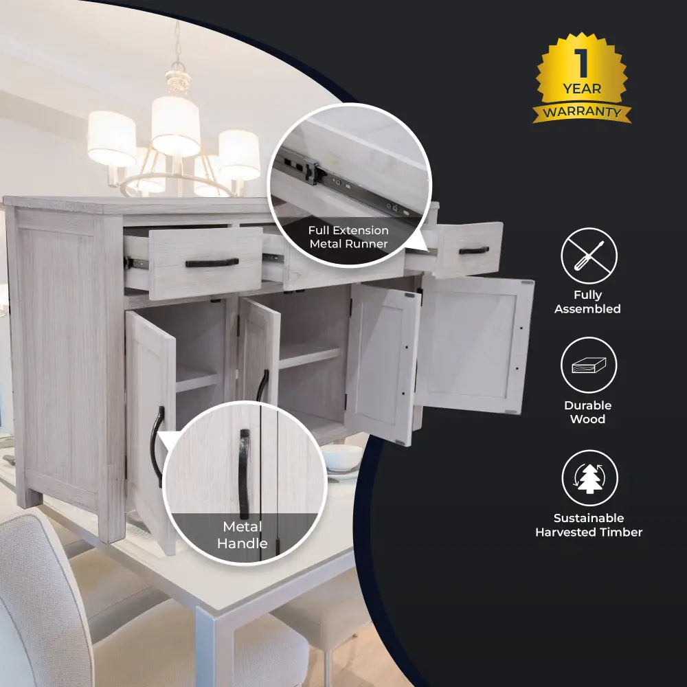 Foxglove Buffet Table 158cm 4 Door 3 Drawer Solid Mt Ash Timber Wood - White - Furniture > Living Room