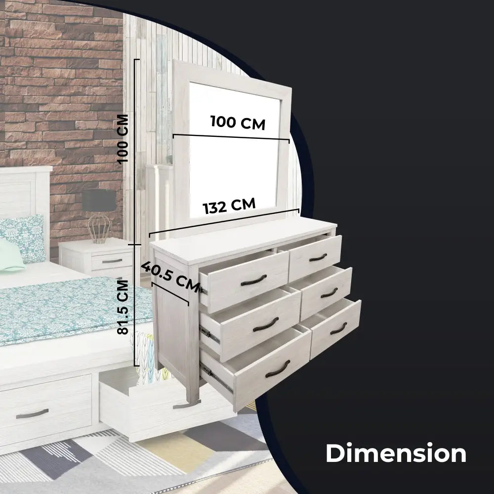 Foxglove Dresser Mirror 6 Chest of Drawers Tallboy Storage - White - Furniture > Bathroom > Bathroom Cabinets Cupboards
