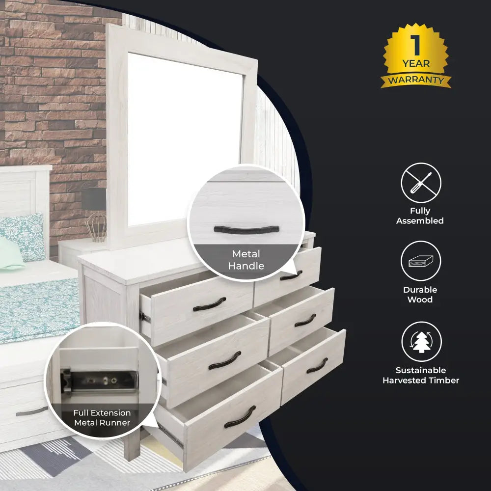 Foxglove Dresser Mirror 6 Chest of Drawers Tallboy Storage - White - Furniture > Bathroom > Bathroom Cabinets Cupboards