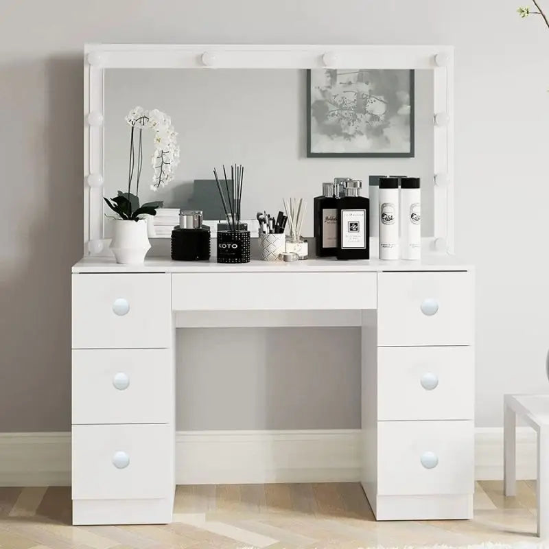 Framed 7 Drawer Hollywood Dresser Vanity with Mirror & Lights and Stool - Home & Garden > Decor > Mirrors