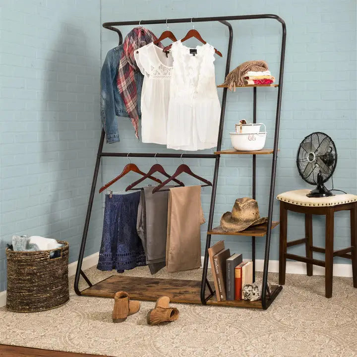 Freestanding Closet with 3 Shelves Organizer Storage Clothes Hanger Rail Garment Shelf Shoe Rack - Furniture > Living