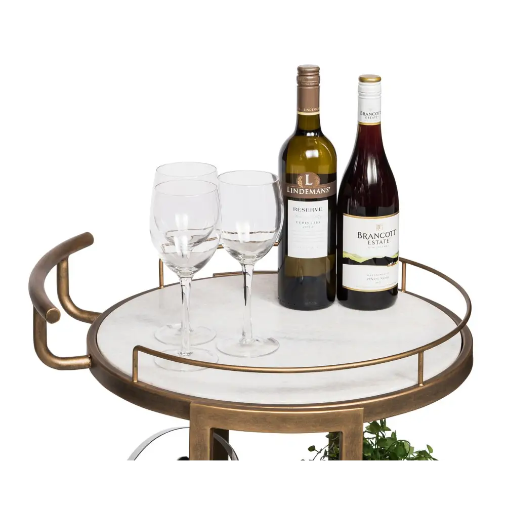 French Brass Round 3-tier White Marble Serving Drinks Trolley Bar Cart - Furniture > Living Room