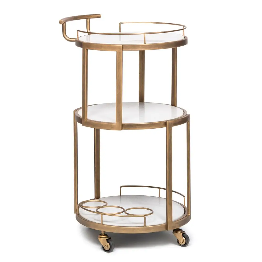 French Brass Round 3-tier White Marble Serving Drinks Trolley Bar Cart - Furniture > Living Room