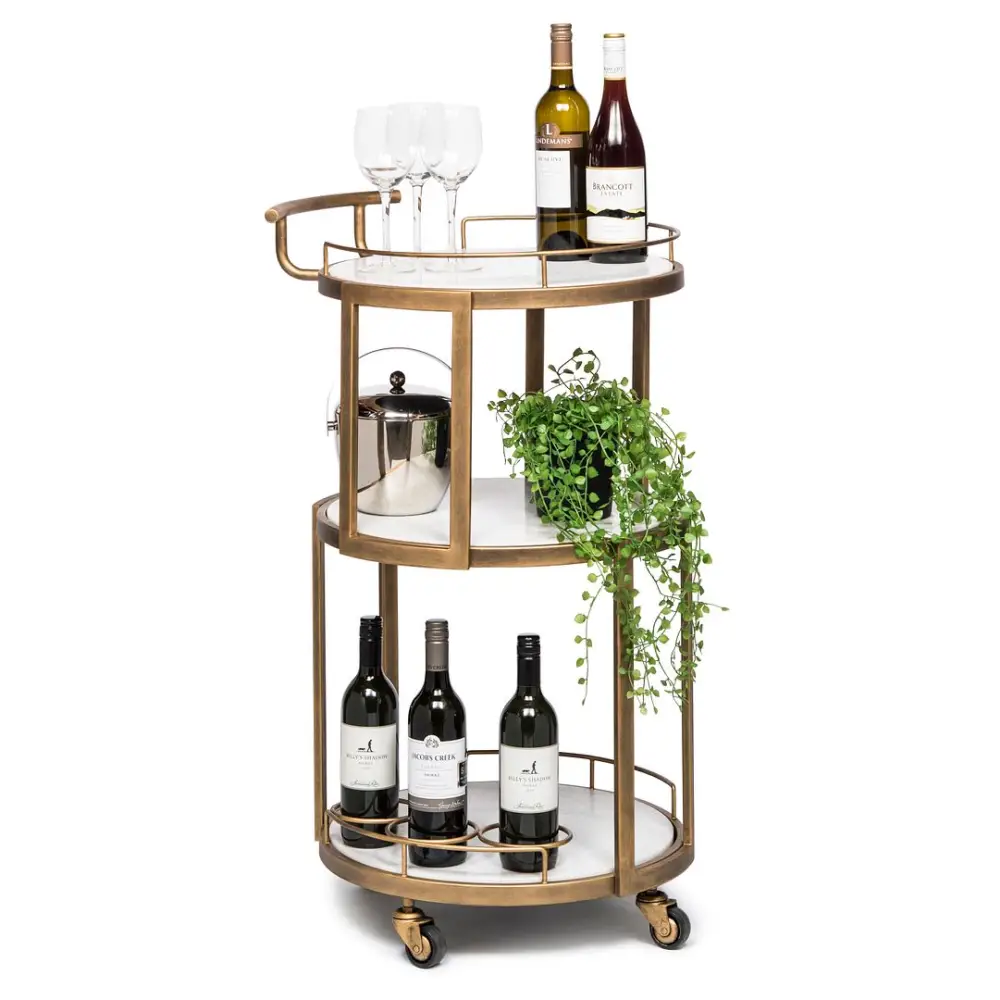French Brass Round 3-tier White Marble Serving Drinks Trolley Bar Cart - Furniture > Living Room
