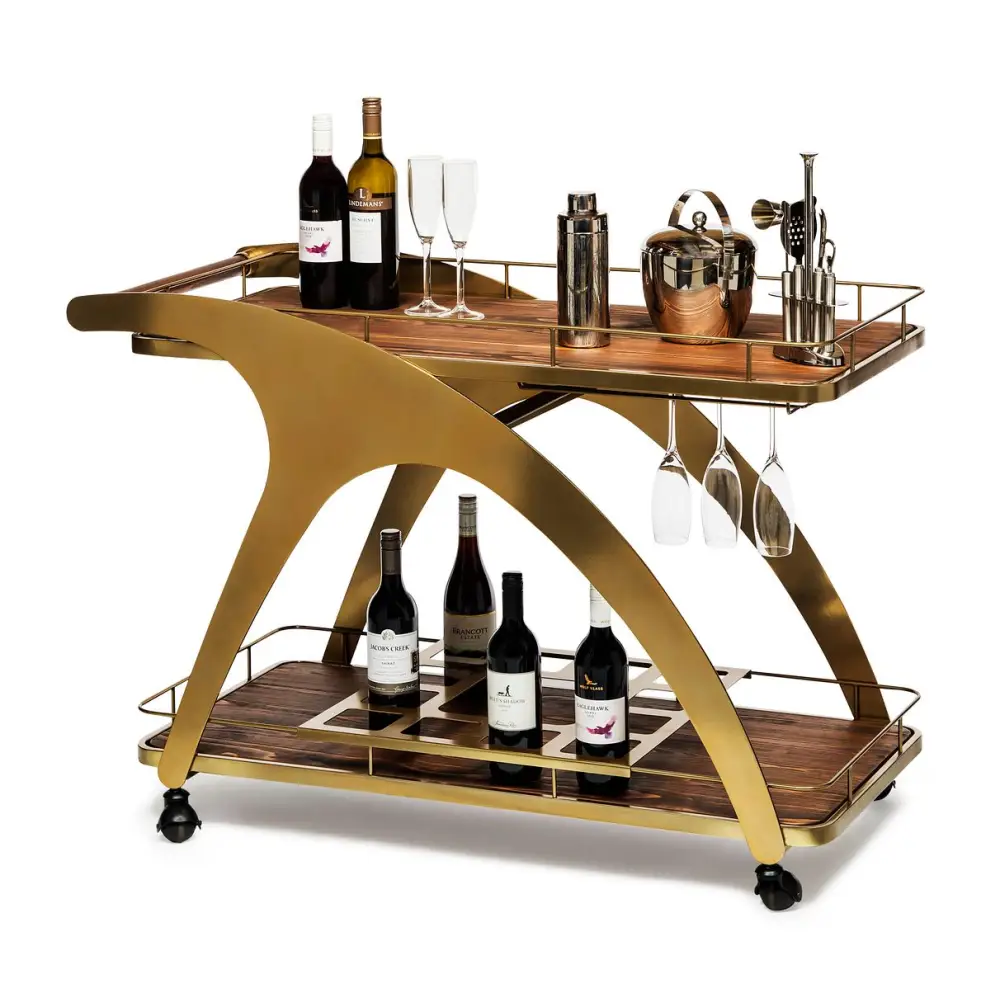 French Brass Wooden Serving Drinks Trolley Bar Cart - Furniture > Living Room