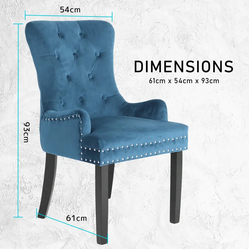 French Provincial Dining Chair Ring Studded Velvet Rubberwood Leg LISSE NAVY BLUE - Furniture > Bar Stools & Chairs