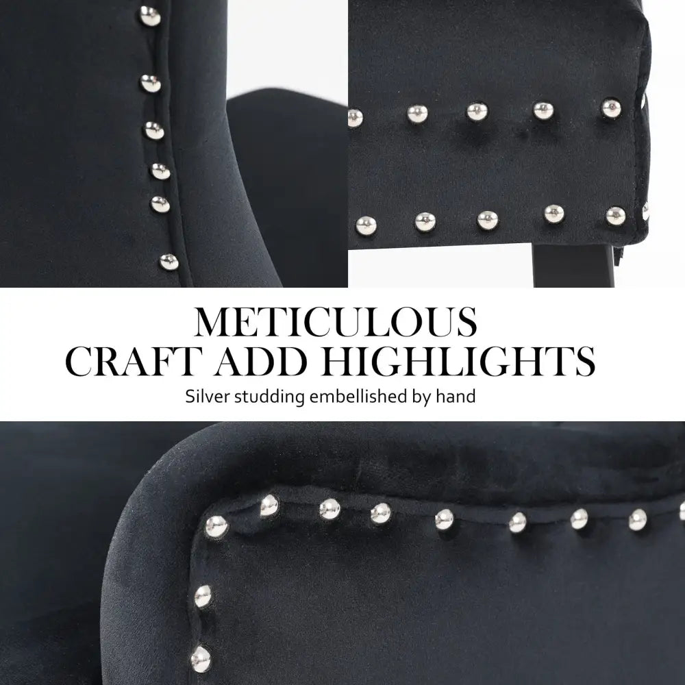 French Provincial Dining Chair Ring Studded Velvet Rubberwood Leg LISSE BLACK - Furniture > Bar Stools & Chairs