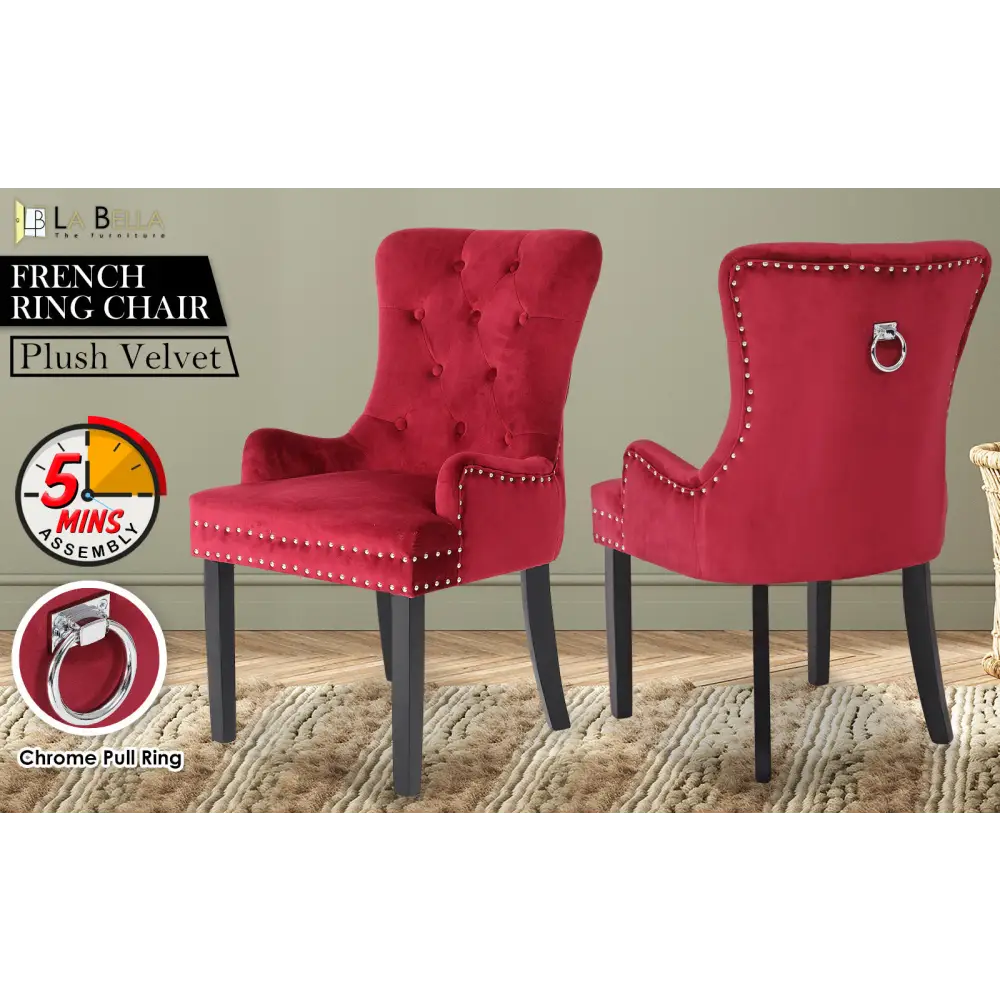French Provincial Dining Chair Ring Studded Velvet Rubberwood Leg LISSE BORDEAUX RED - Furniture > Bar Stools & Chairs