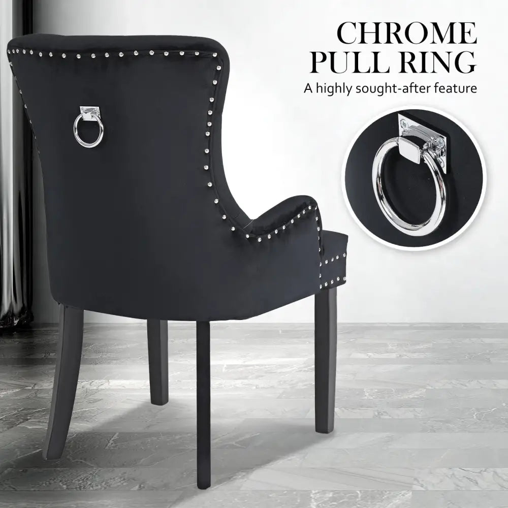 French Provincial Dining Chair Ring Studded Velvet Rubberwood Leg LISSE BLACK - Furniture > Bar Stools & Chairs