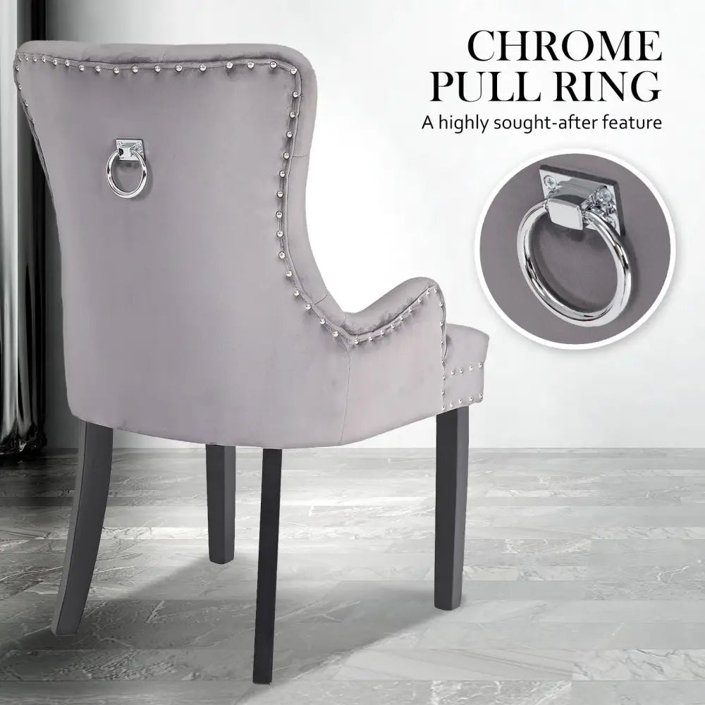 French Provincial Dining Chair Ring Studded Velvet Rubberwood Leg LISSE GREY - Furniture > Bar Stools & Chairs