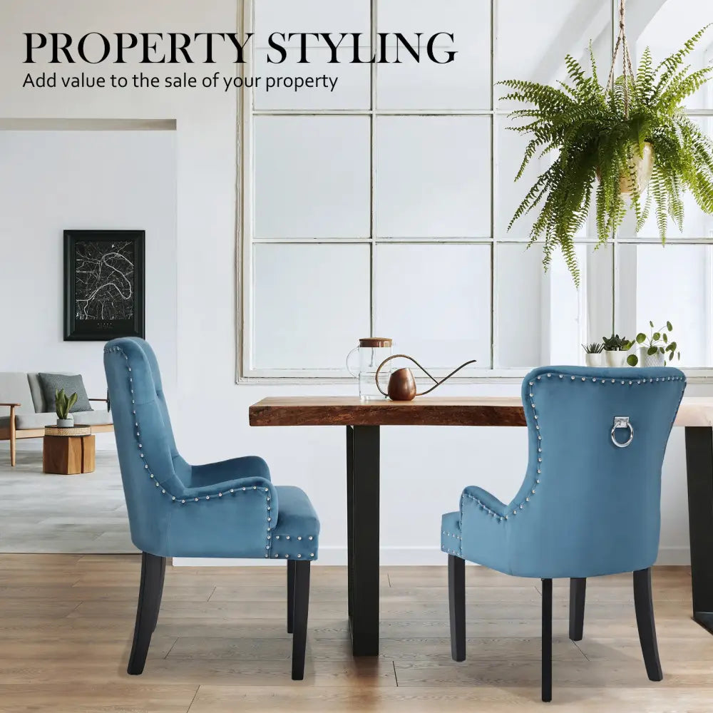 French Provincial Dining Chair Ring Studded Velvet Rubberwood Leg LISSE NAVY BLUE - Furniture > Bar Stools & Chairs