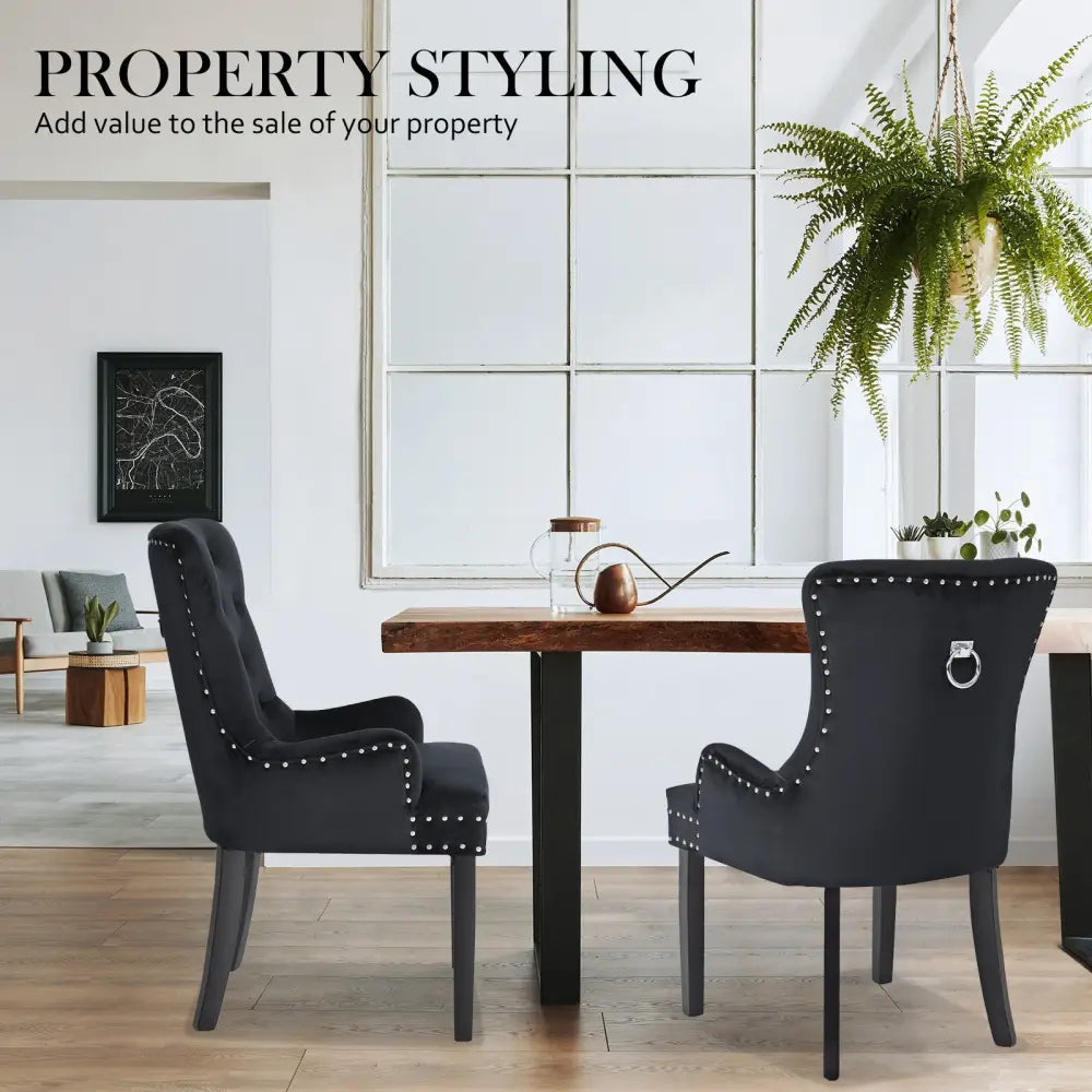 French Provincial Dining Chair Ring Studded Velvet Rubberwood Leg LISSE BLACK - Furniture > Bar Stools & Chairs