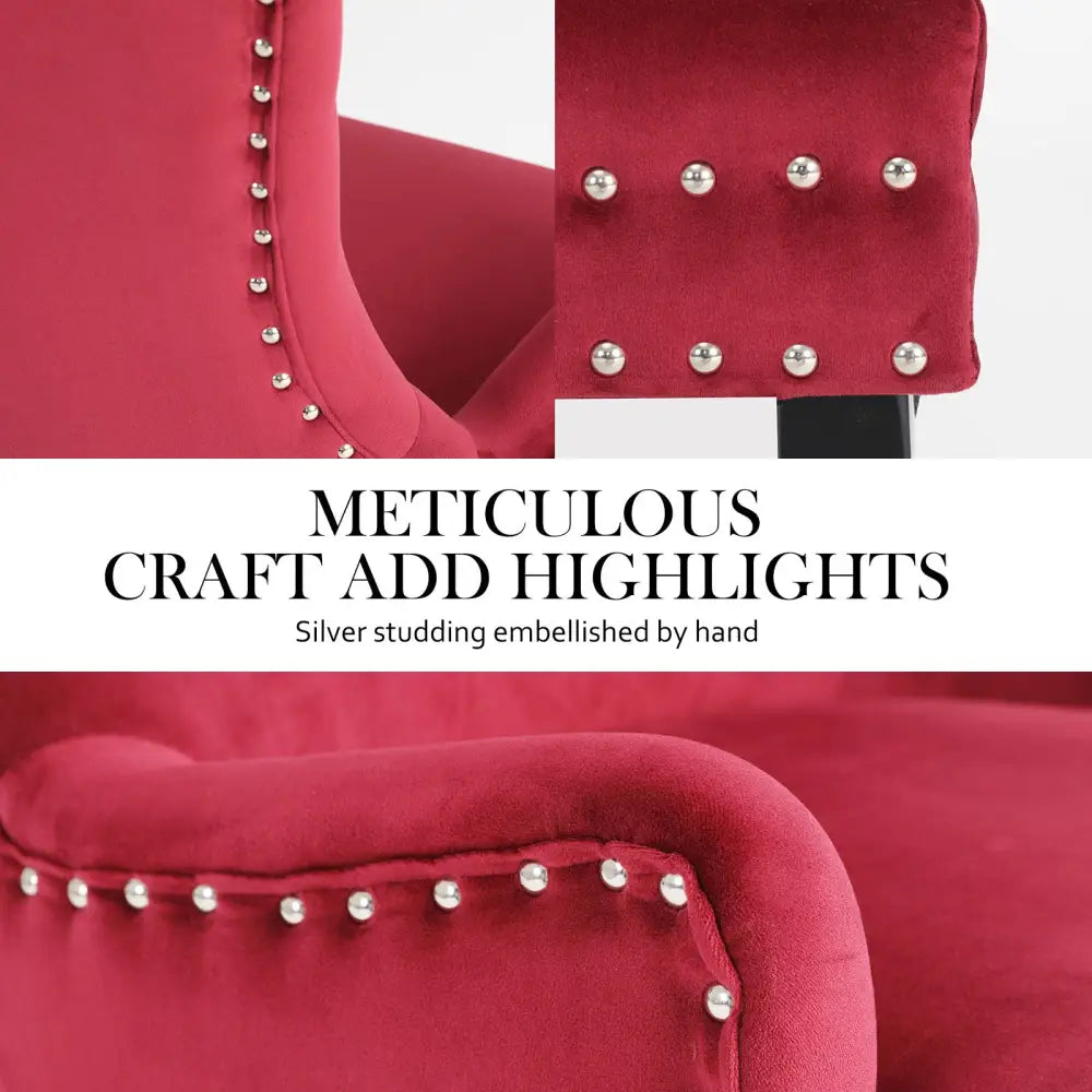 French Provincial Dining Chair Ring Studded Velvet Rubberwood Leg LISSE BORDEAUX RED - Furniture > Bar Stools & Chairs