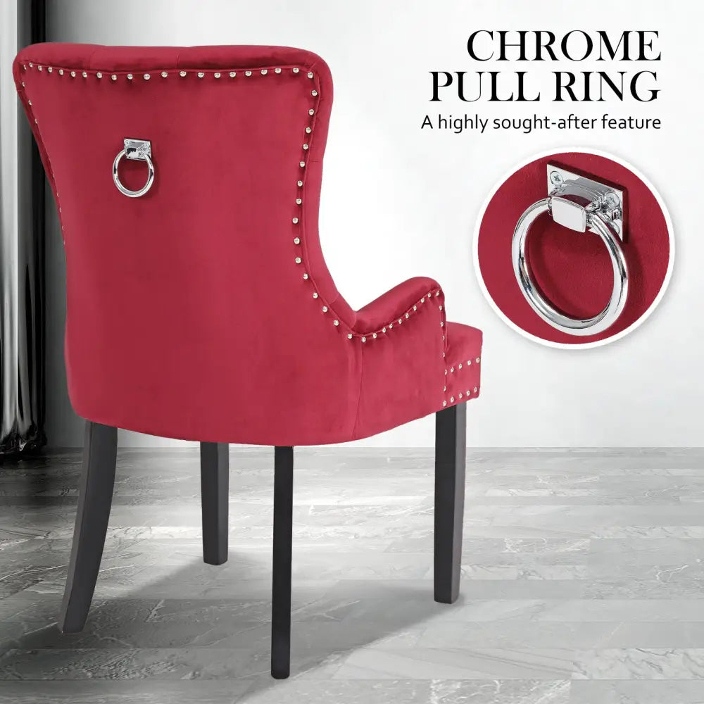 French Provincial Dining Chair Ring Studded Velvet Rubberwood Leg LISSE BORDEAUX RED - Furniture > Bar Stools & Chairs