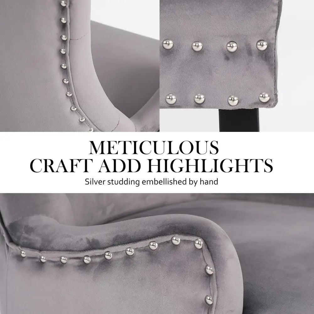 French Provincial Dining Chair Ring Studded Velvet Rubberwood Leg LISSE GREY - Furniture > Bar Stools & Chairs