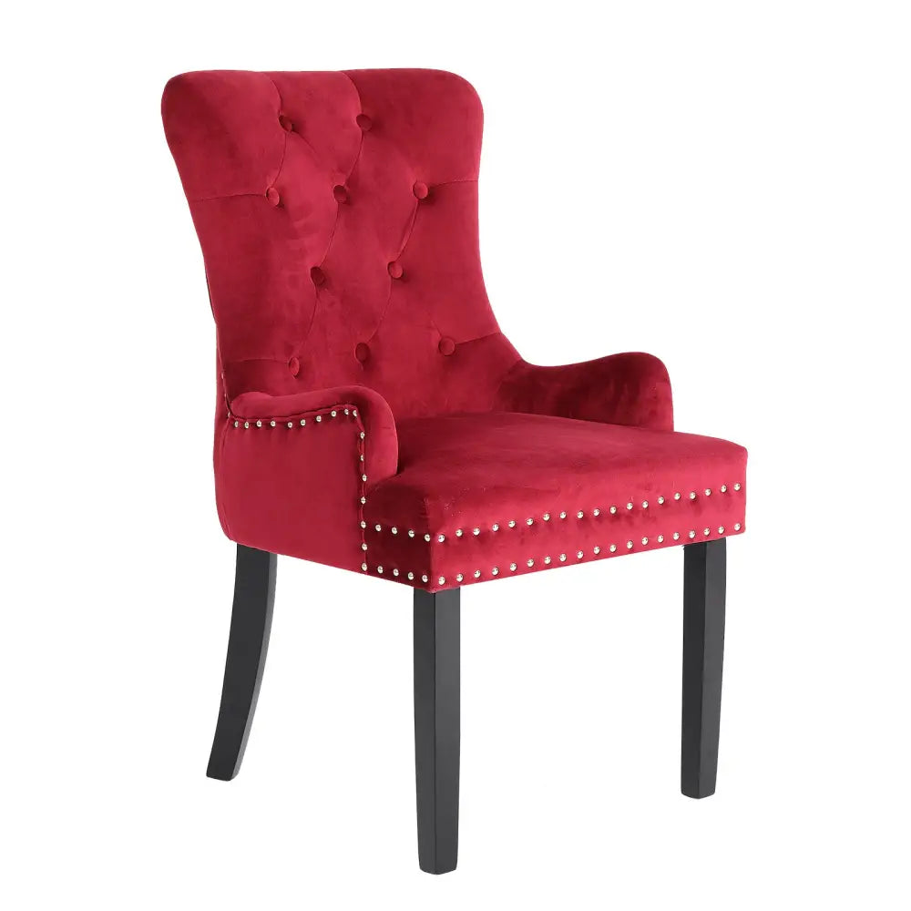 French Provincial Dining Chair Ring Studded Velvet Rubberwood Leg LISSE BORDEAUX RED - Furniture > Bar Stools & Chairs