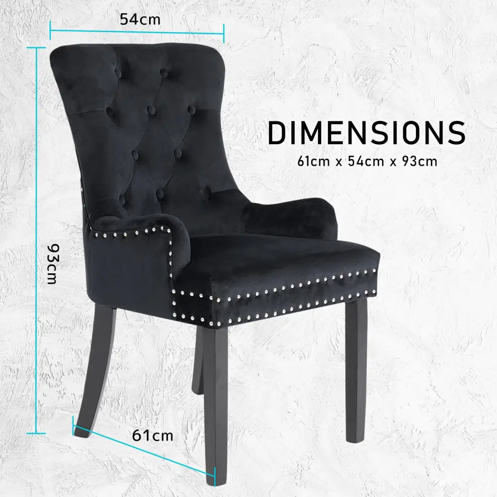 French Provincial Dining Chair Ring Studded Velvet Rubberwood Leg LISSE BLACK - Furniture > Bar Stools & Chairs