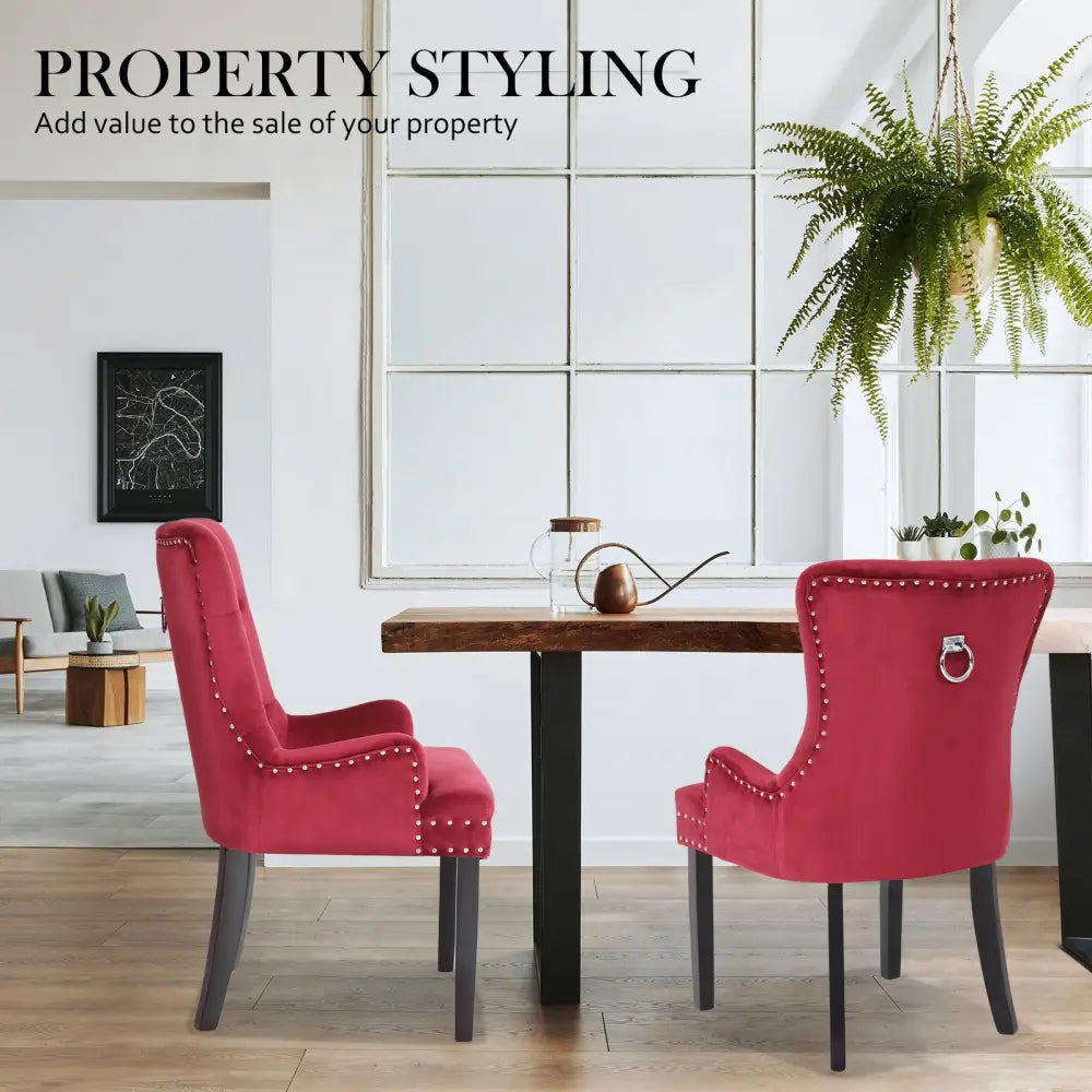 French Provincial Dining Chair Ring Studded Velvet Rubberwood Leg LISSE BORDEAUX RED - Furniture > Bar Stools & Chairs