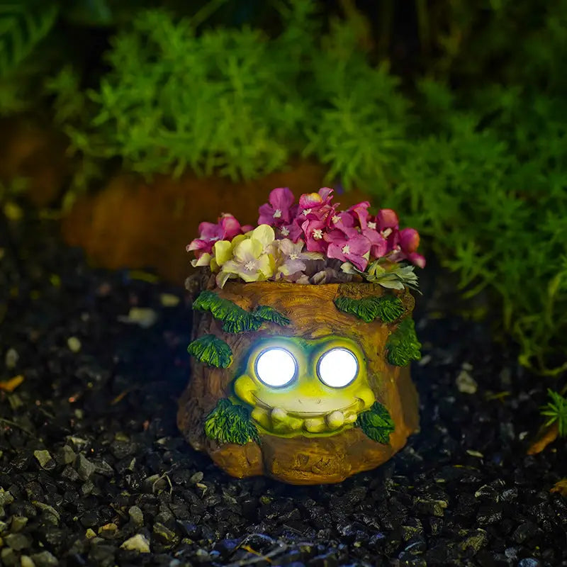 Frog Solar Light Planter - Resin Succulent Pot with Glowing Eyes (Stump frog) - Occasions > Christmas > Outdoor