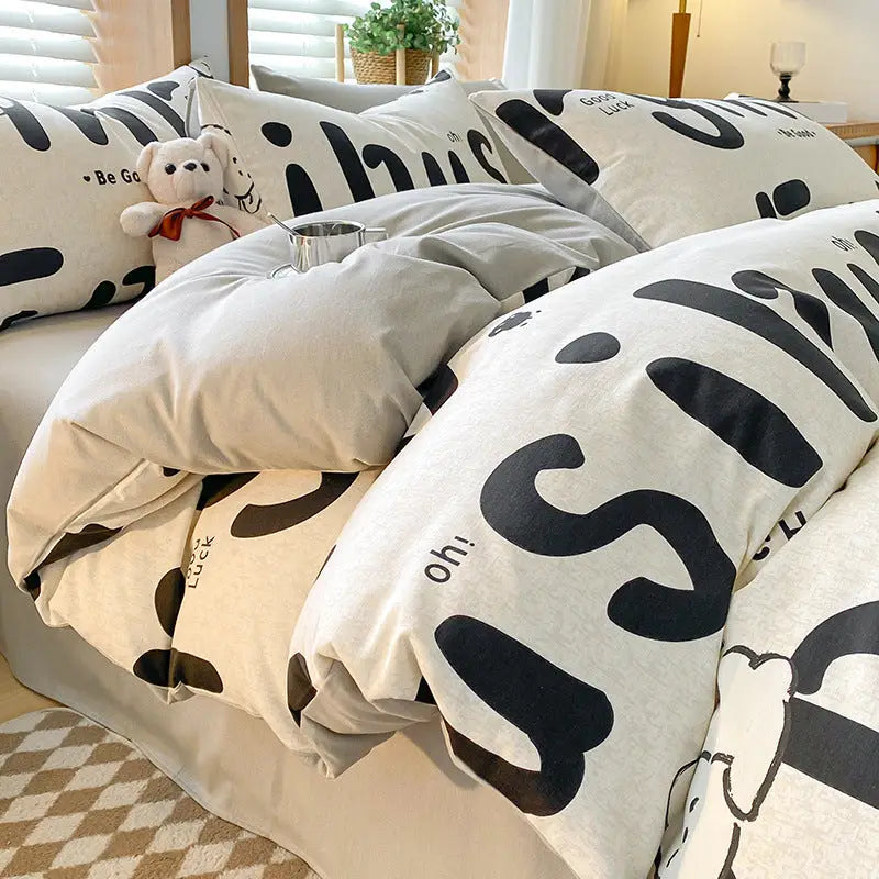 Funny Alphabet Thick Brushed Cotton 4-Piece Bed Sheet Set (1.5m Bed) - Fits 200x230cm Duvet - Home & Garden > Bedding >