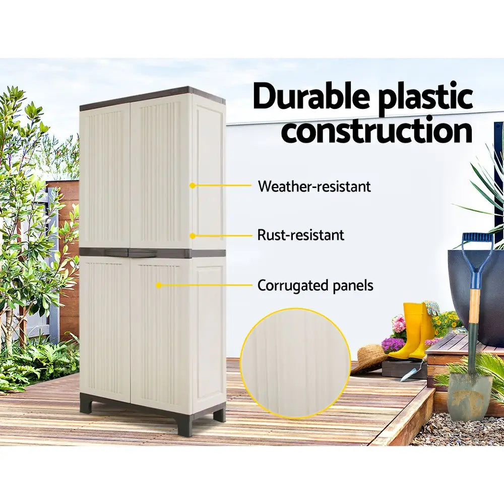 Gardeon 173cm Outdoor Storage Cabinet Box Lockable Cupboard Sheds Garage Adjustable Beige - Home & Garden > Storage