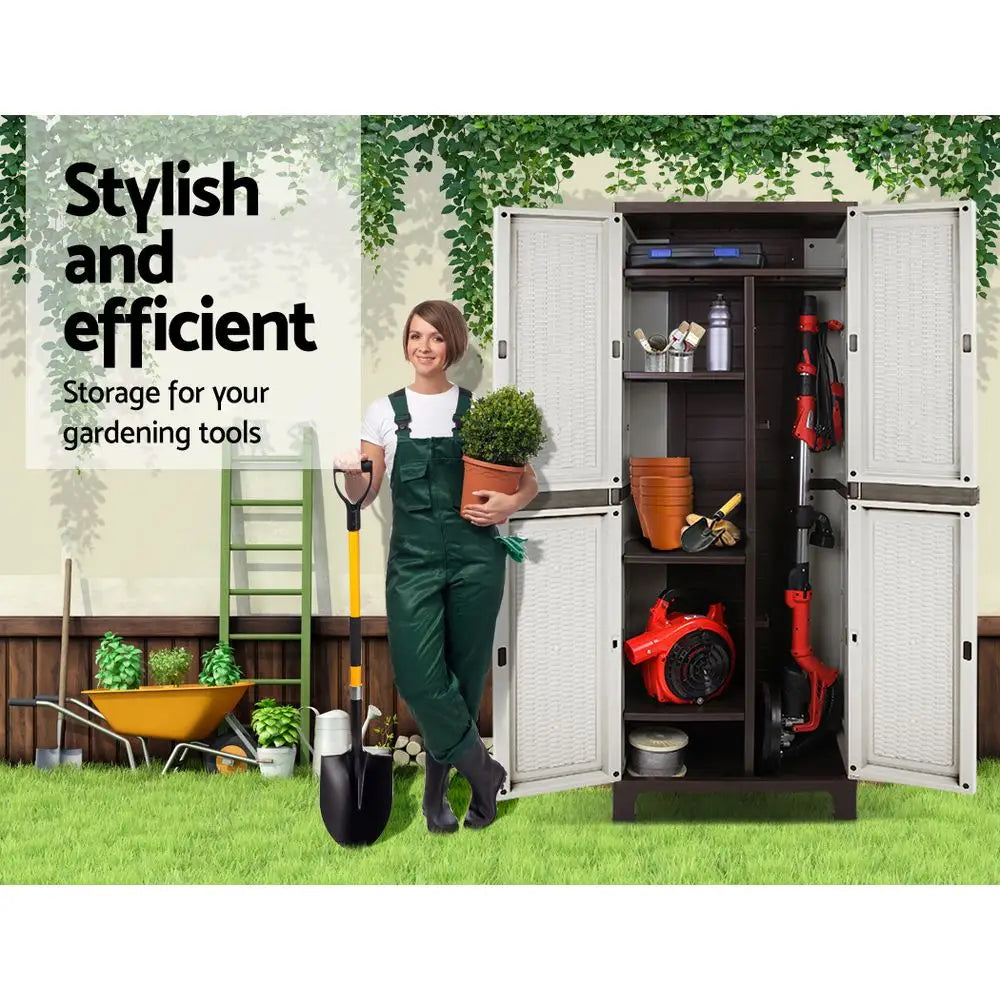 Gardeon 173cm Outdoor Storage Cabinet Box Lockable Cupboard Sheds Adjustable Rattan Beige - Home & Garden > Storage