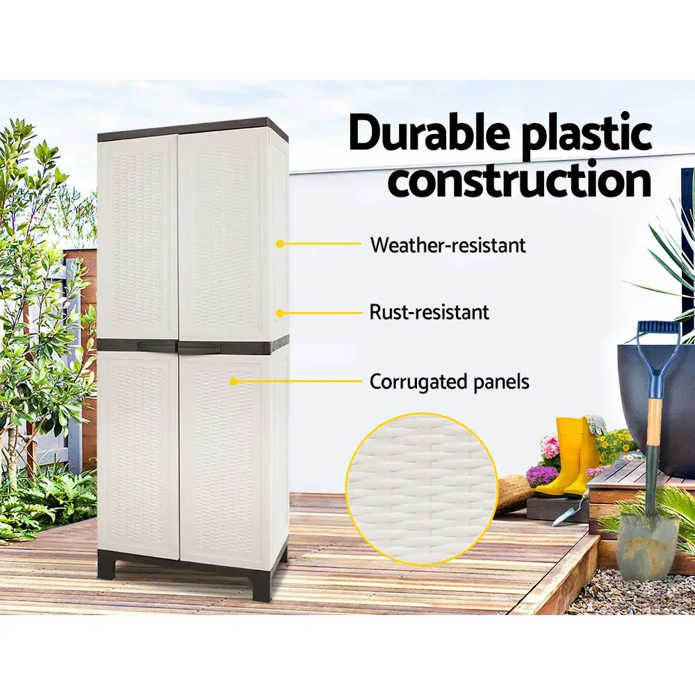 Gardeon 173cm Outdoor Storage Cabinet Box Lockable Cupboard Sheds Adjustable Rattan Beige - Home & Garden > Storage