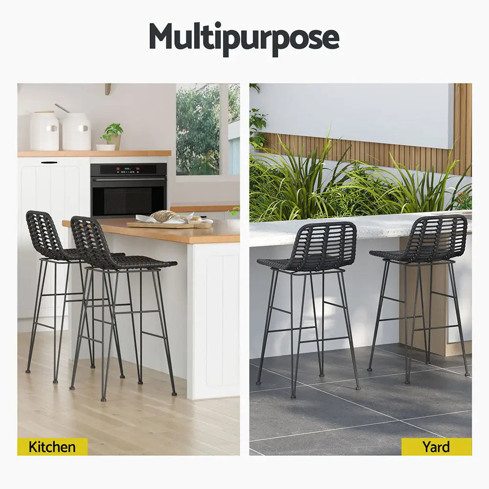 Gardeon 2 Piece Outdoor Bar Stools Wicker Dining Rattan Chair Black - Furniture > Bar Stools & Chairs > Table & Bar