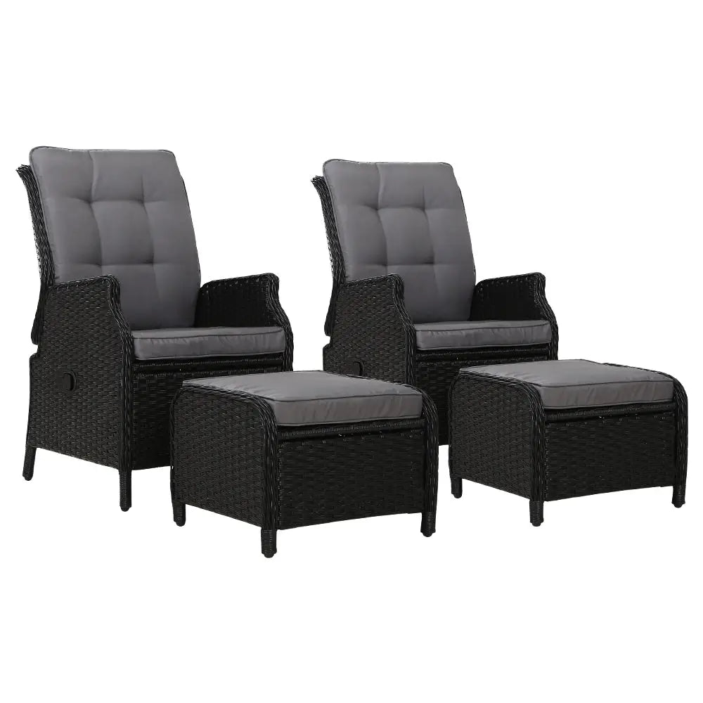 Gardeon 2PC Recliner Chair Sun lounge Wicker Lounger Outdoor Furniture Adjustable Black - Furniture > Outdoor
