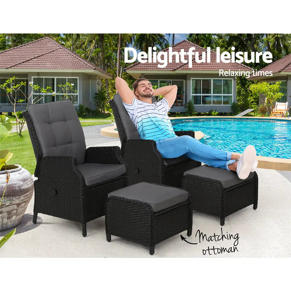 Gardeon 2PC Recliner Chair Sun lounge Wicker Lounger Outdoor Furniture Adjustable Black - Furniture > Outdoor