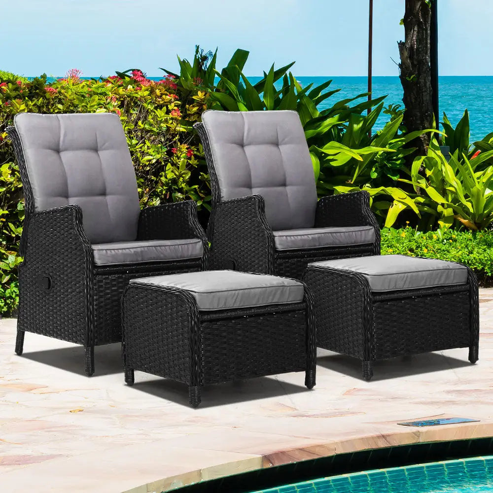 Gardeon 2PC Recliner Chair Sun lounge Wicker Lounger Outdoor Furniture Adjustable Black - Furniture > Outdoor