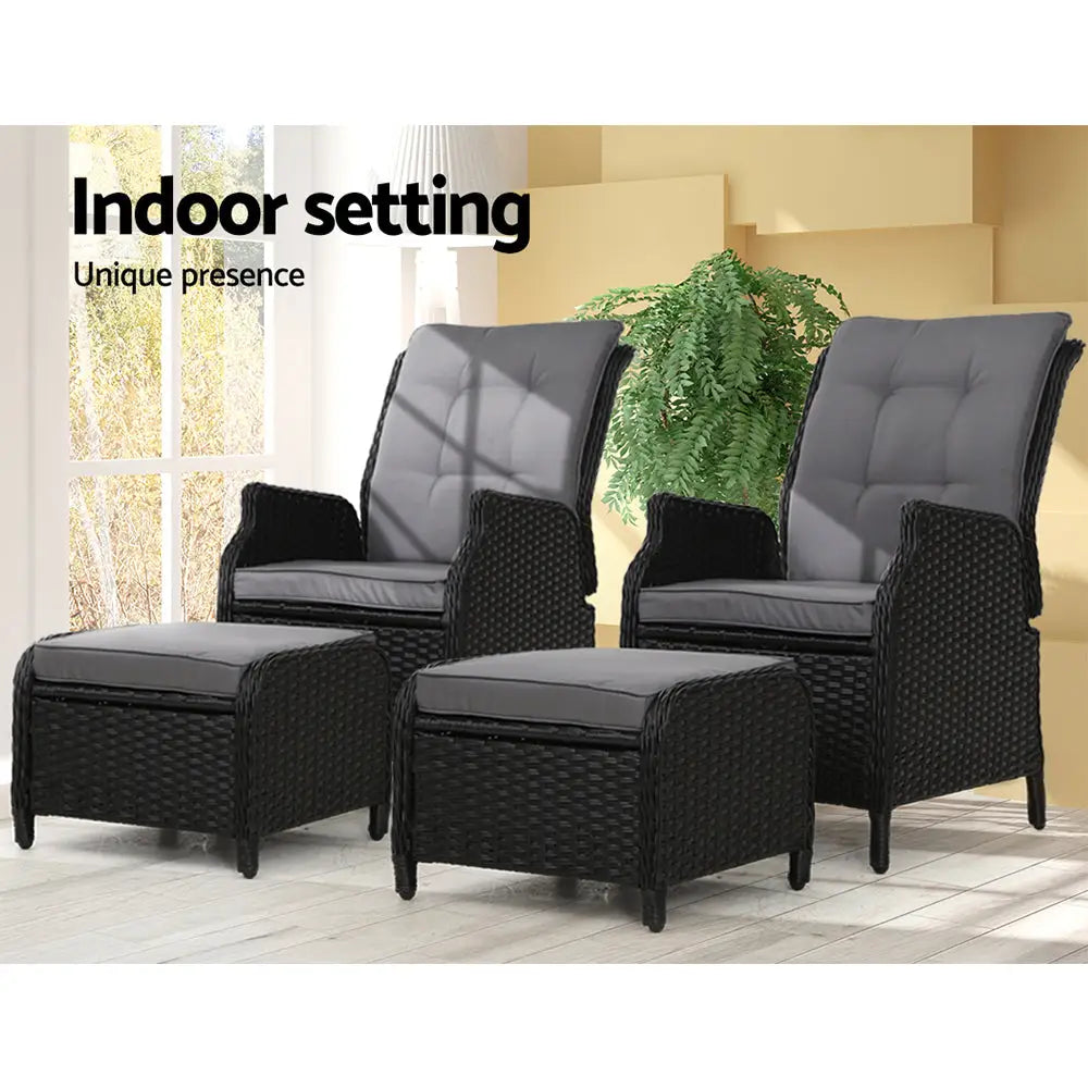 Gardeon 2PC Recliner Chair Sun lounge Wicker Lounger Outdoor Furniture Adjustable Black - Furniture > Outdoor
