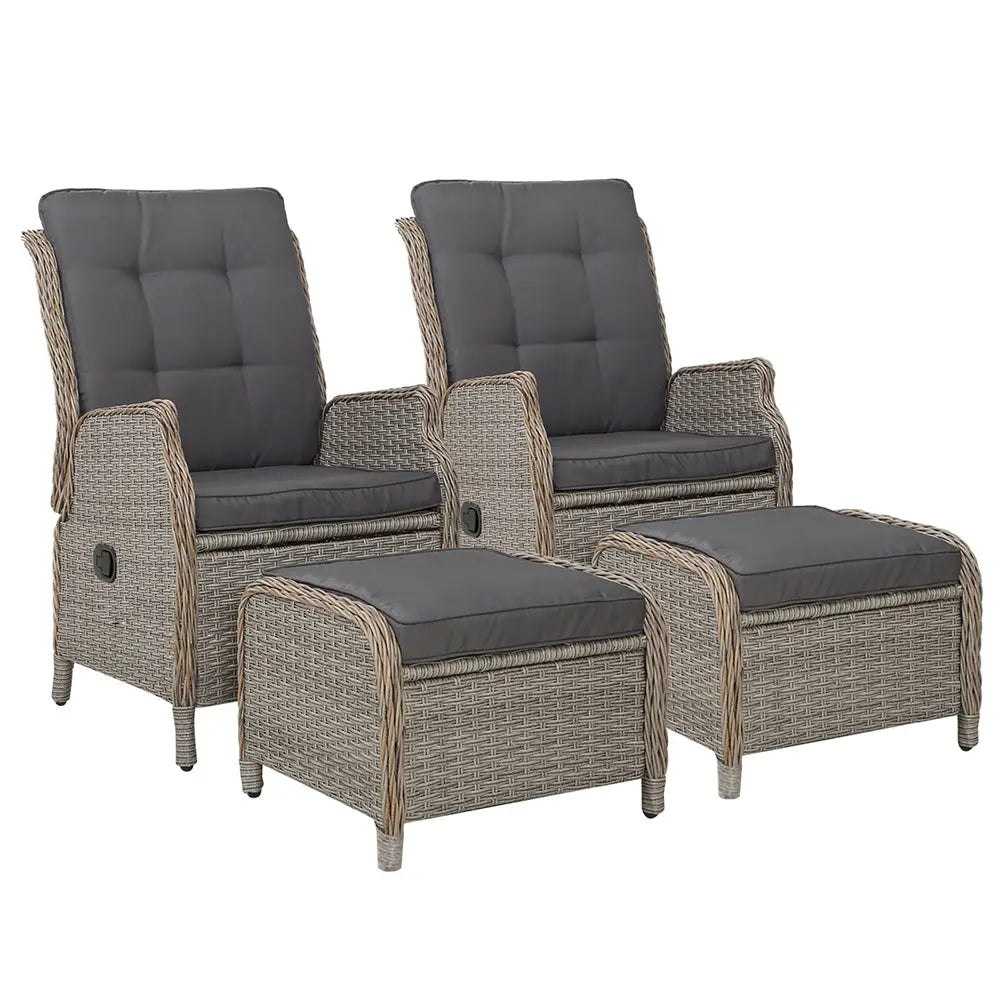 Gardeon 2PC Recliner Chair Sun lounge Wicker Lounger Outdoor Furniture Adjustable Grey - Furniture > Outdoor