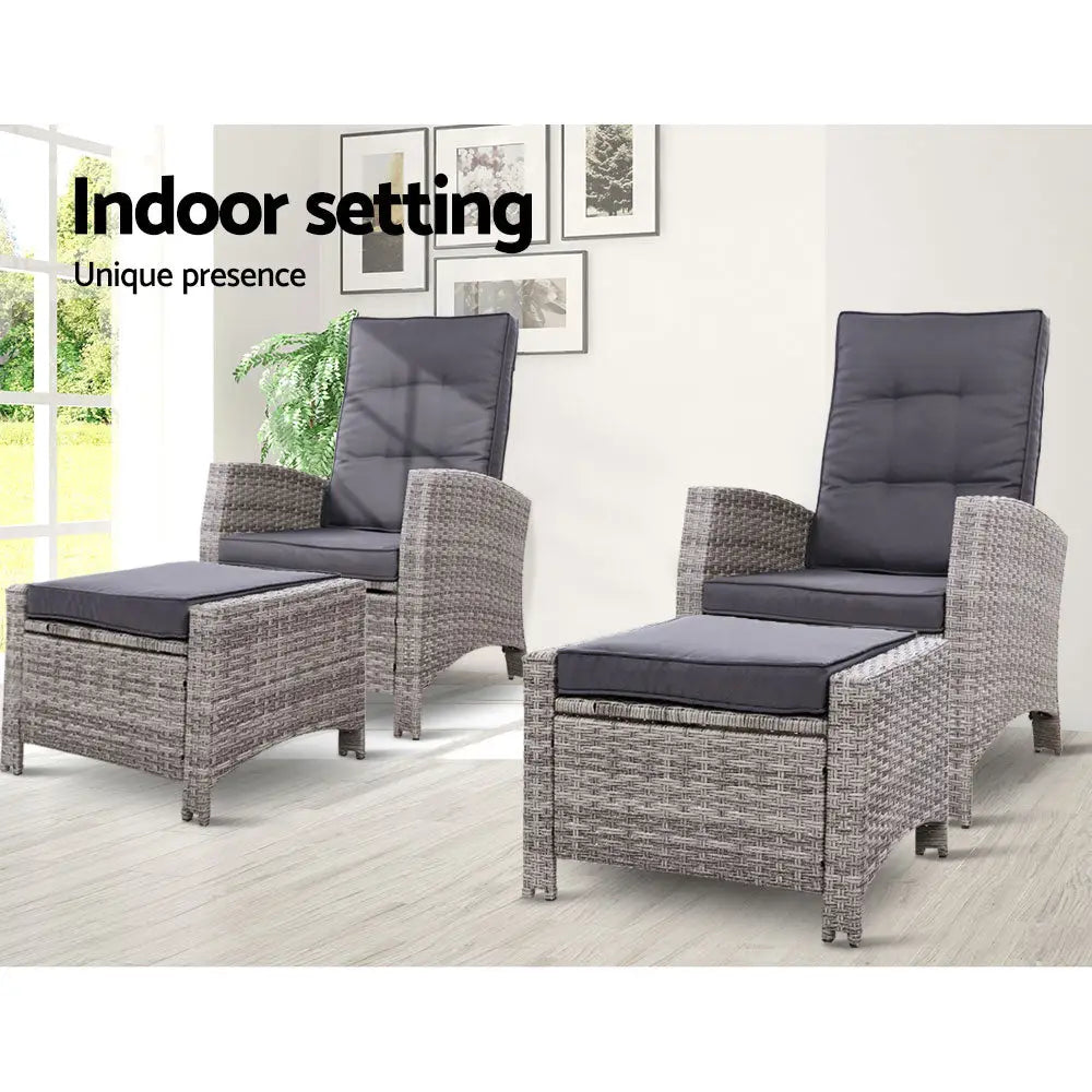 Gardeon 2PC Recliner Chairs Sun lounge Wicker Lounger Outdoor Furniture Adjustable Grey - Furniture > Outdoor