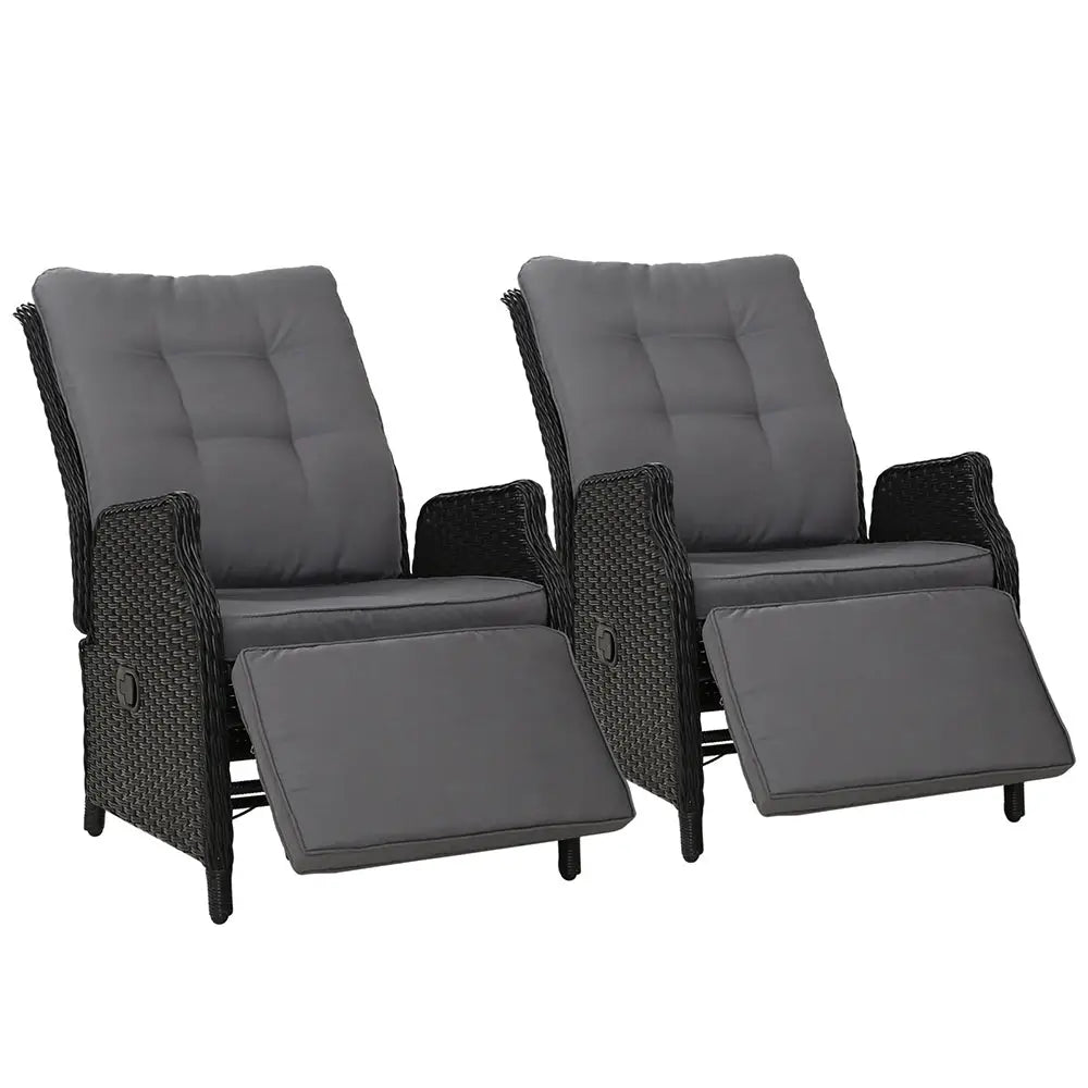 Gardeon 2PC Recliner Chairs Sun lounge Wicker Lounger Outdoor Furniture Adjustable Black - Furniture > Outdoor