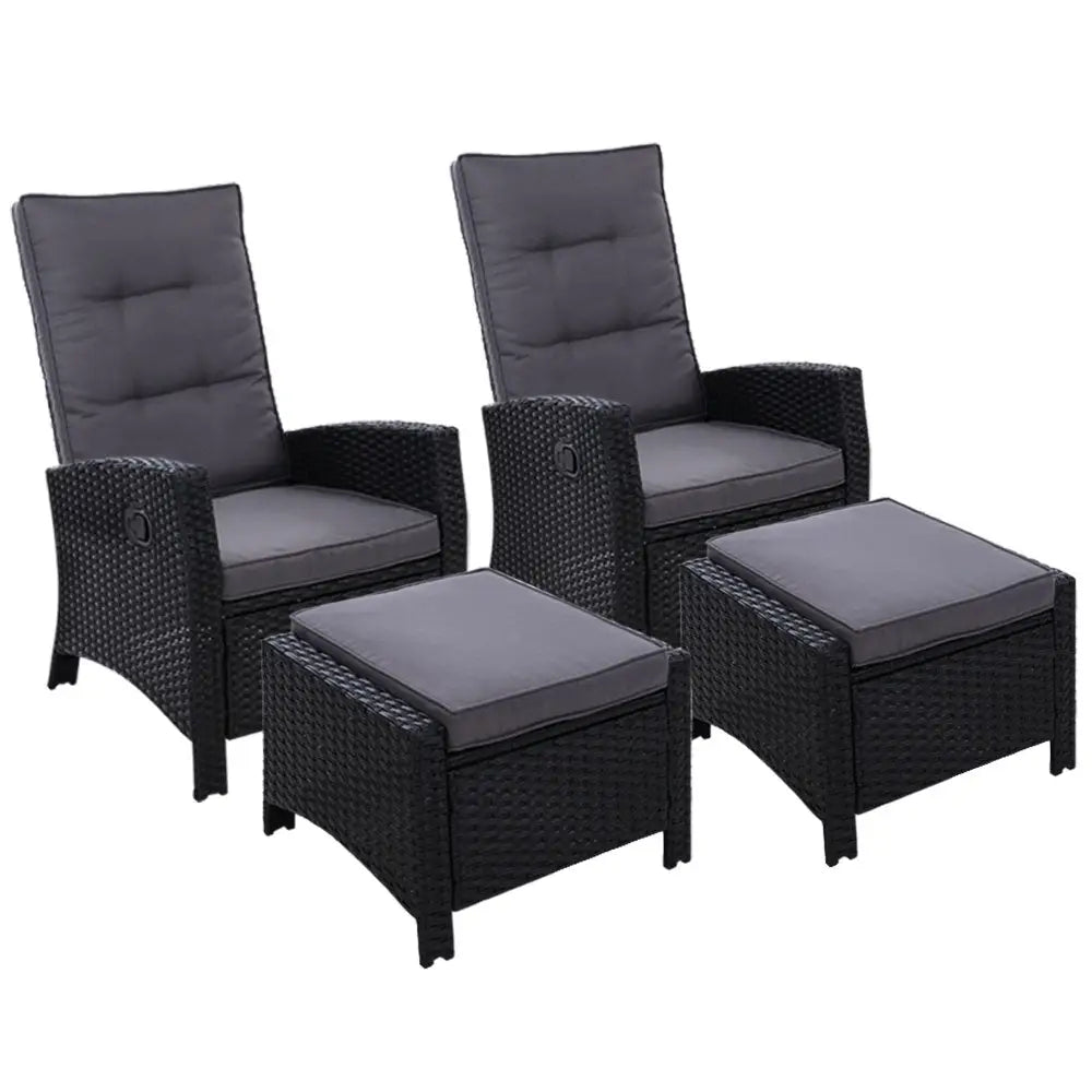 Gardeon 2PC Recliner Chairs Sun lounge Wicker Lounger Outdoor Furniture Adjustable Black - Furniture > Outdoor