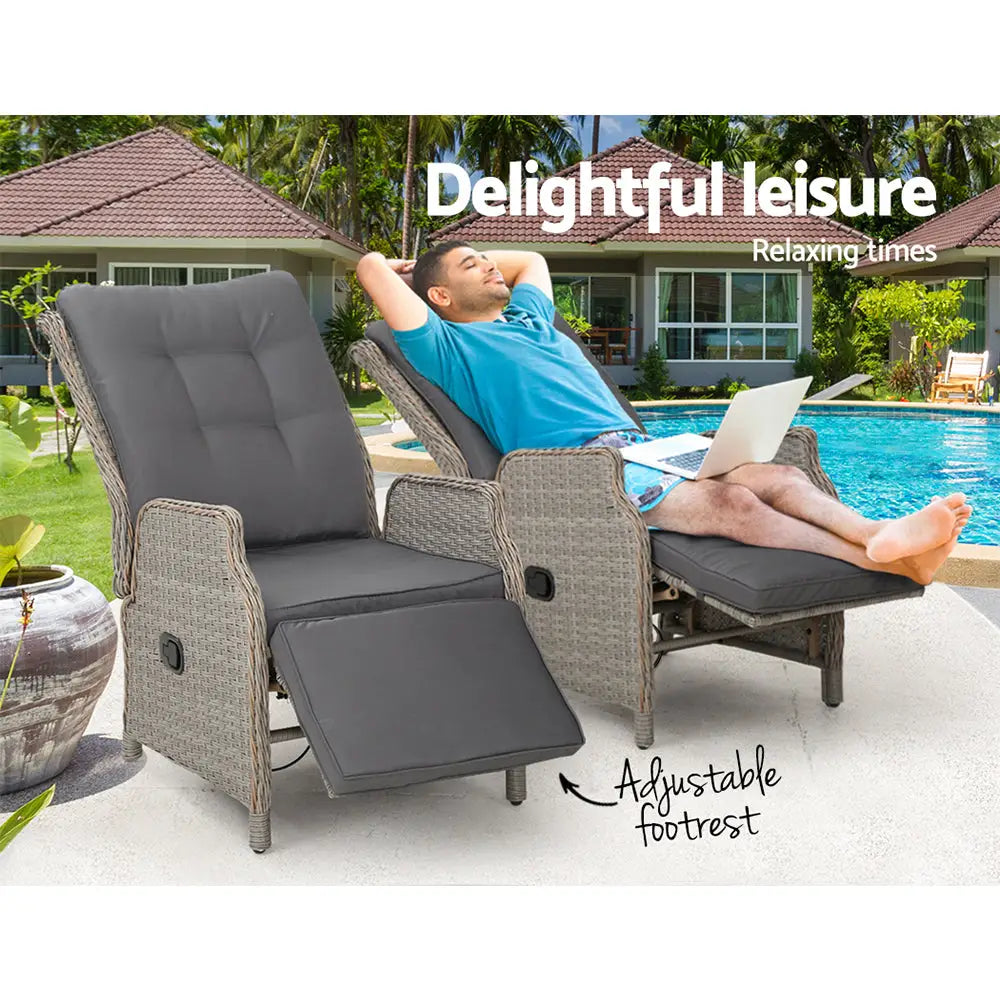 Gardeon 2PC Recliner Chairs Sun lounge Wicker Lounger Outdoor Furniture Adjustable Grey - Furniture > Outdoor