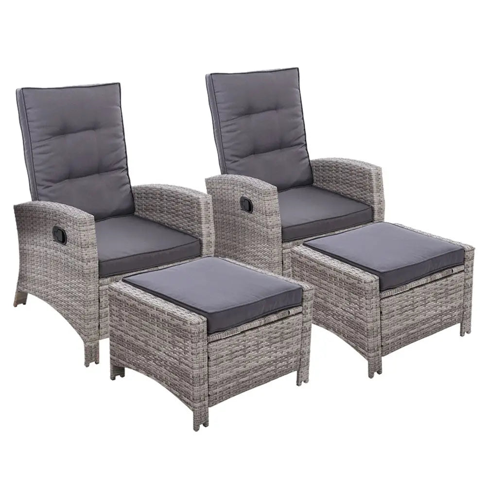 Gardeon 2PC Recliner Chairs Sun lounge Wicker Lounger Outdoor Furniture Adjustable Grey - Furniture > Outdoor