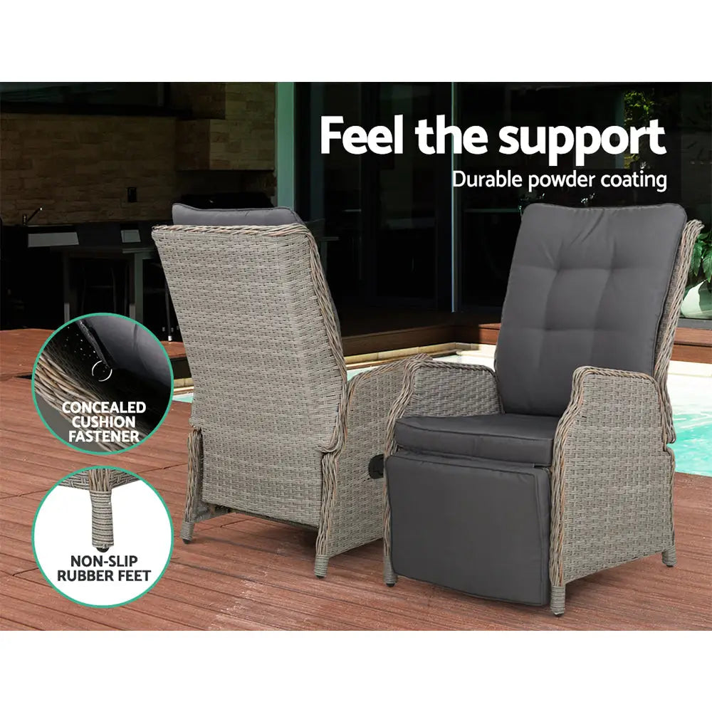 Gardeon 2PC Recliner Chairs Sun lounge Wicker Lounger Outdoor Furniture Adjustable Grey - Furniture > Outdoor