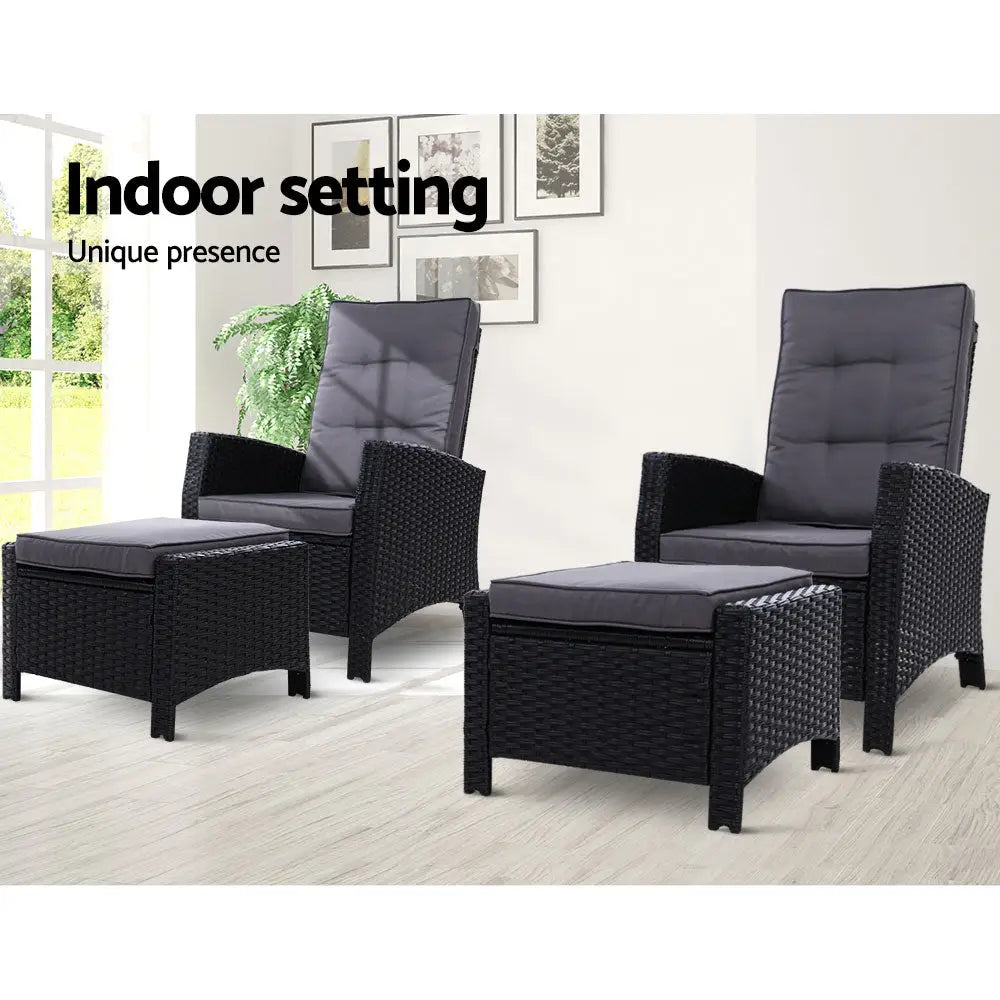 Gardeon 2PC Recliner Chairs Sun lounge Wicker Lounger Outdoor Furniture Adjustable Black - Furniture > Outdoor