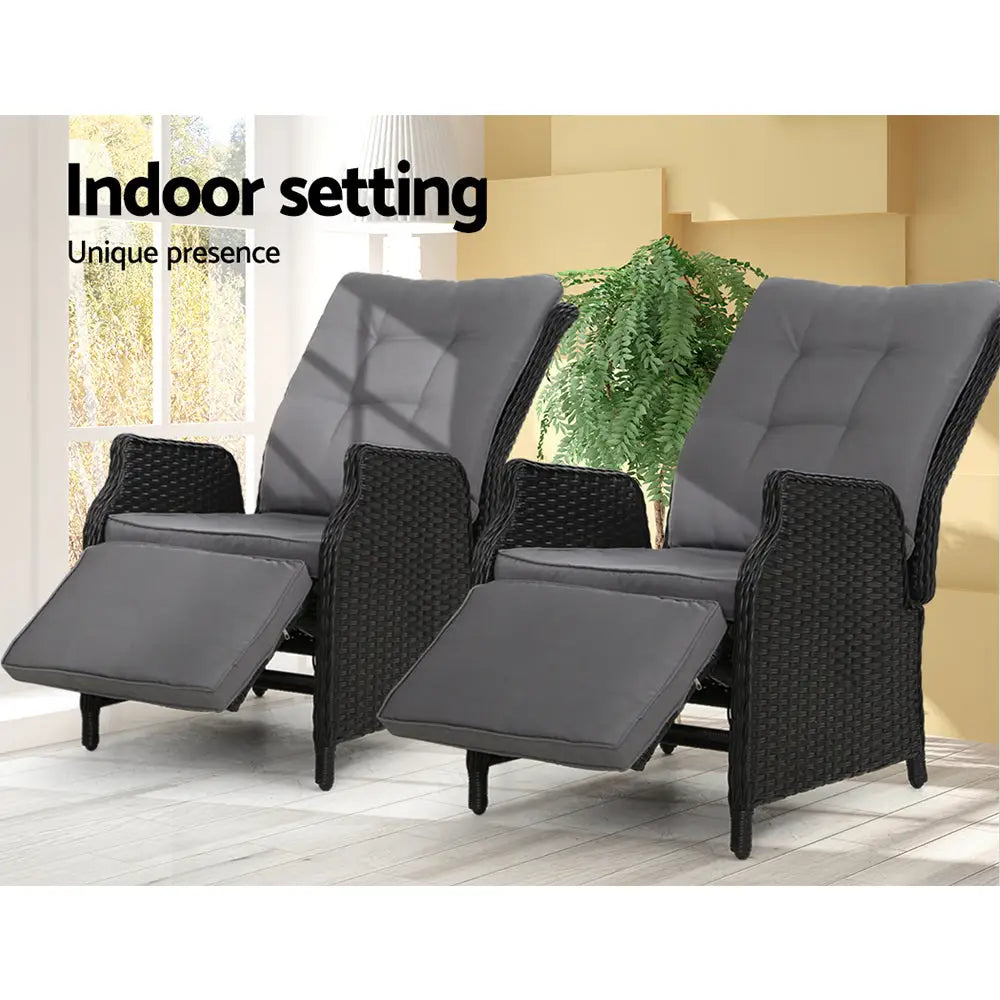 Gardeon 2PC Recliner Chairs Sun lounge Wicker Lounger Outdoor Furniture Adjustable Black - Furniture > Outdoor