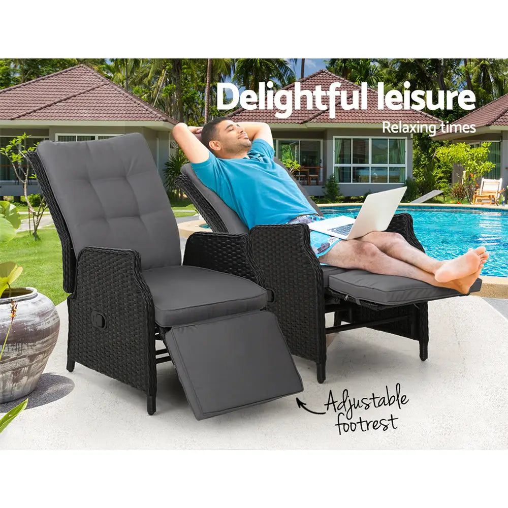 Gardeon 2PC Recliner Chairs Sun lounge Wicker Lounger Outdoor Furniture Adjustable Black - Furniture > Outdoor