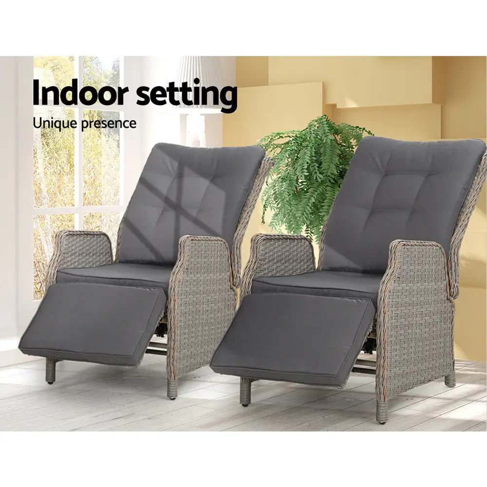 Gardeon 2PC Recliner Chairs Sun lounge Wicker Lounger Outdoor Furniture Adjustable Grey - Furniture > Outdoor