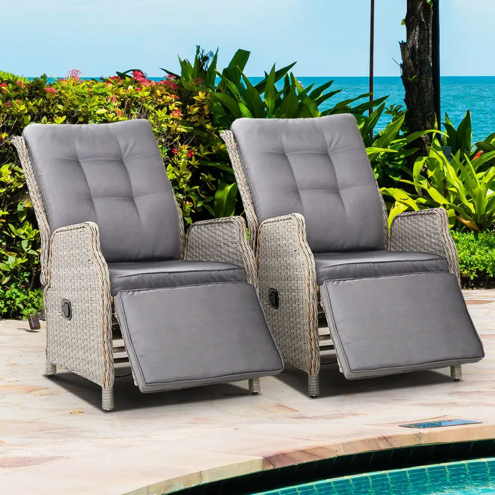 Gardeon 2PC Recliner Chairs Sun lounge Wicker Lounger Outdoor Furniture Adjustable Grey - Furniture > Outdoor