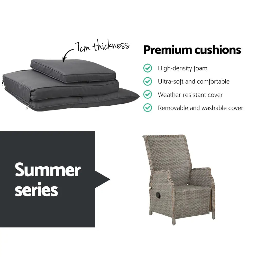 Gardeon 2PC Recliner Chairs Sun lounge Wicker Lounger Outdoor Furniture Adjustable Grey - Furniture > Outdoor