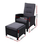 Gardeon 2PC Recliner Chairs Sun lounge Wicker Lounger Outdoor Furniture Adjustable Black - Furniture > Outdoor