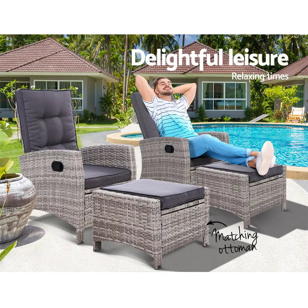 Gardeon 2PC Recliner Chairs Sun lounge Wicker Lounger Outdoor Furniture Adjustable Grey - Furniture > Outdoor