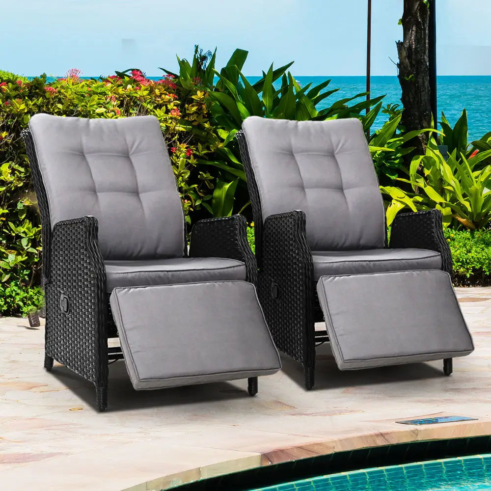 Gardeon 2PC Recliner Chairs Sun lounge Wicker Lounger Outdoor Furniture Adjustable Black - Furniture > Outdoor