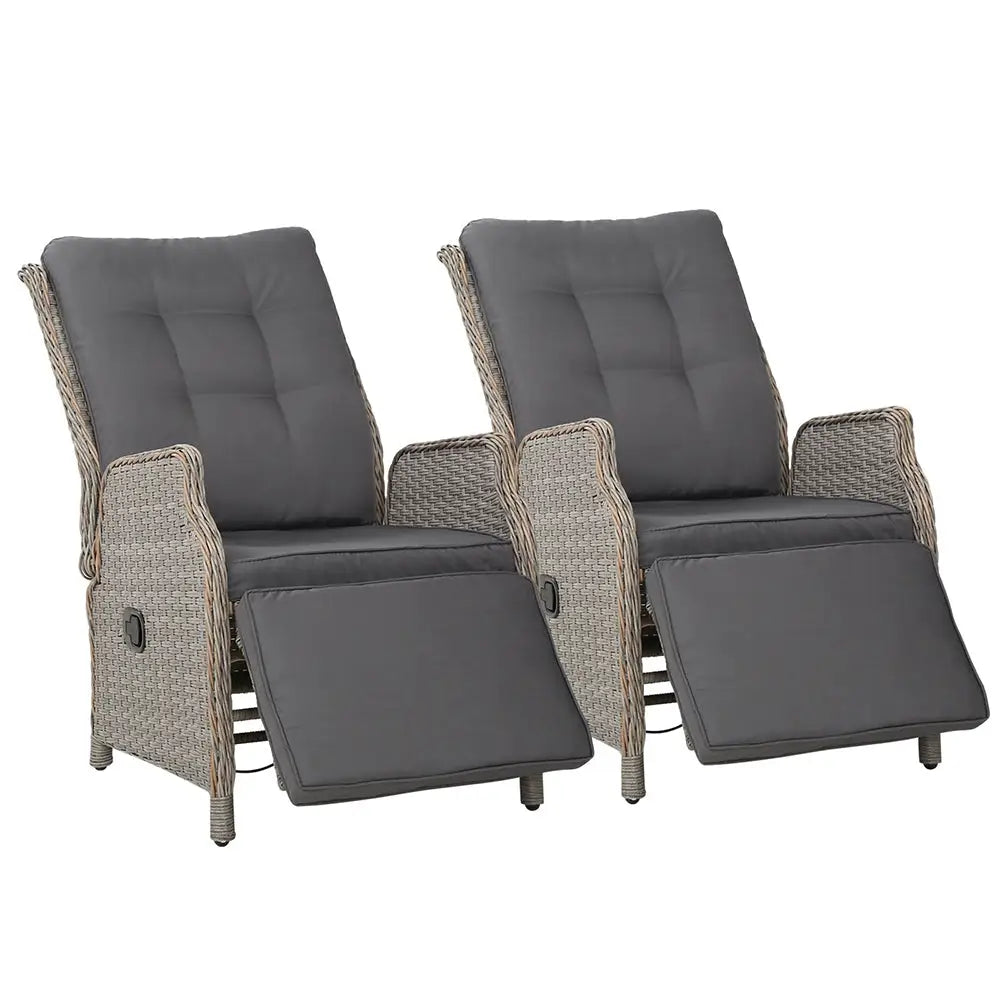 Gardeon 2PC Recliner Chairs Sun lounge Wicker Lounger Outdoor Furniture Adjustable Grey - Furniture > Outdoor