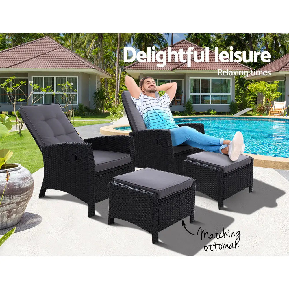Gardeon 2PC Recliner Chairs Sun lounge Wicker Lounger Outdoor Furniture Adjustable Black - Furniture > Outdoor